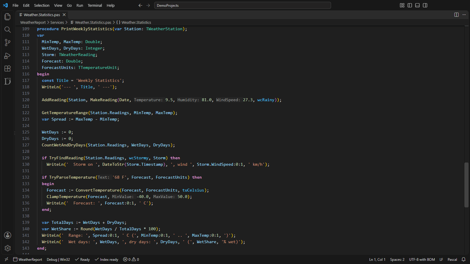A Delphi routine in VS Code with parameter-name hints before literal arguments only: Temperature: 9.5, Humidity: 81.0, WindSpeed: 27.3, Text: '68 F', MinValue: -40.0 and MaxValue: 50.0.
