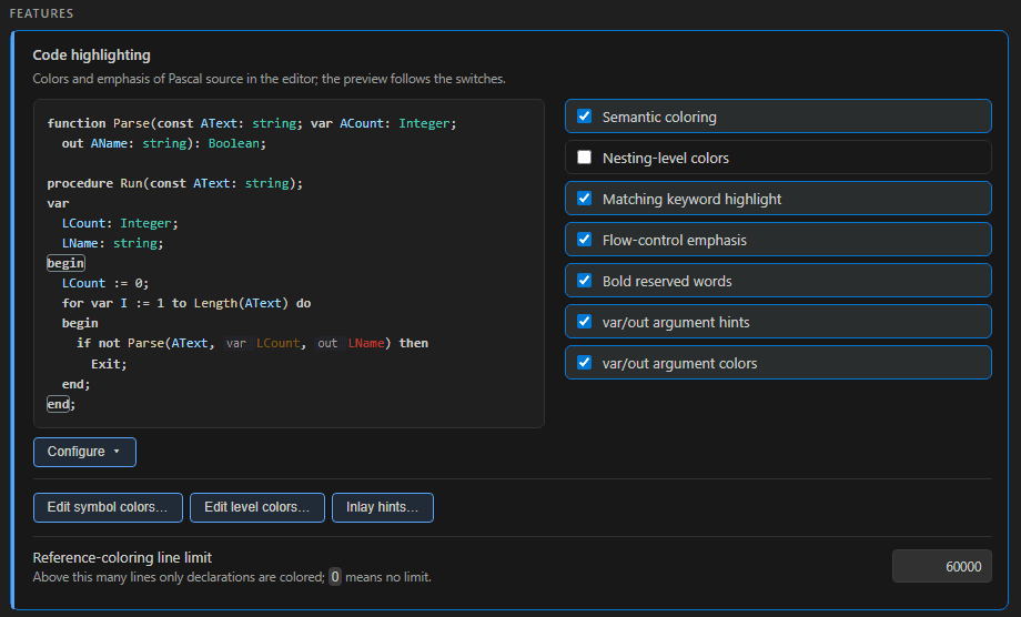 The Code highlighting tile of the Vallenta Studio settings page: switches for semantic coloring, nesting-level colors, matching keyword highlight, flow-control emphasis, bold reserved words, var/out argument hints and var/out argument colors, a code preview with var LCount and out LName at a call, and the buttons Edit symbol colors…, Edit level colors… and Inlay hints….