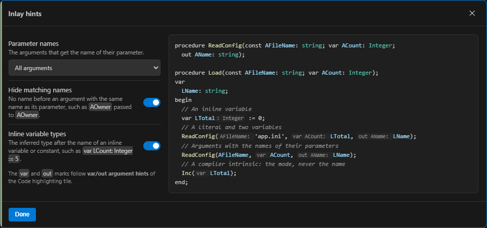 The Inlay hints dialog: Parameter names set to All arguments, the switches Hide matching names and Inline variable types, and a preview with ReadConfig(AFileName: 'app.ini', var ACount: LTotal, out AName: LName), var LTotal: Integer := 0 and Inc(var LTotal).