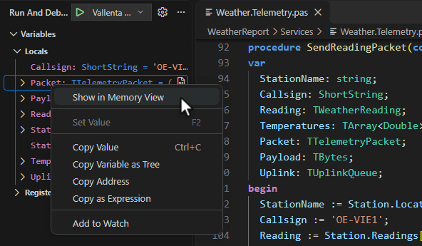 The context menu of the Packet row in the Variables view, with Show in Memory View as its first entry, above Set Value, Copy Value, Copy Variable as Tree, Copy Address, Copy as Expression and Add to Watch.