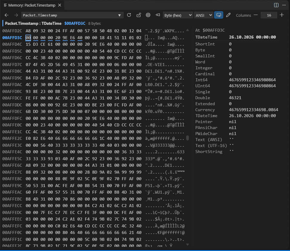 The memory view of Packet.Timestamp: TDateTime at $00AFFD3C with the data inspector beside the grid: TDateTime 26.10.2026 00:00:00 in bold as the first row, followed by ShortInt, Byte, SmallInt, Word, Integer, Cardinal, Int64, UInt64, Single, Double, Extended, Currency, TDateTime, Pointer, PAnsiChar, PWideChar, Text (ANSI), Text (UTF-16) and ShortString.