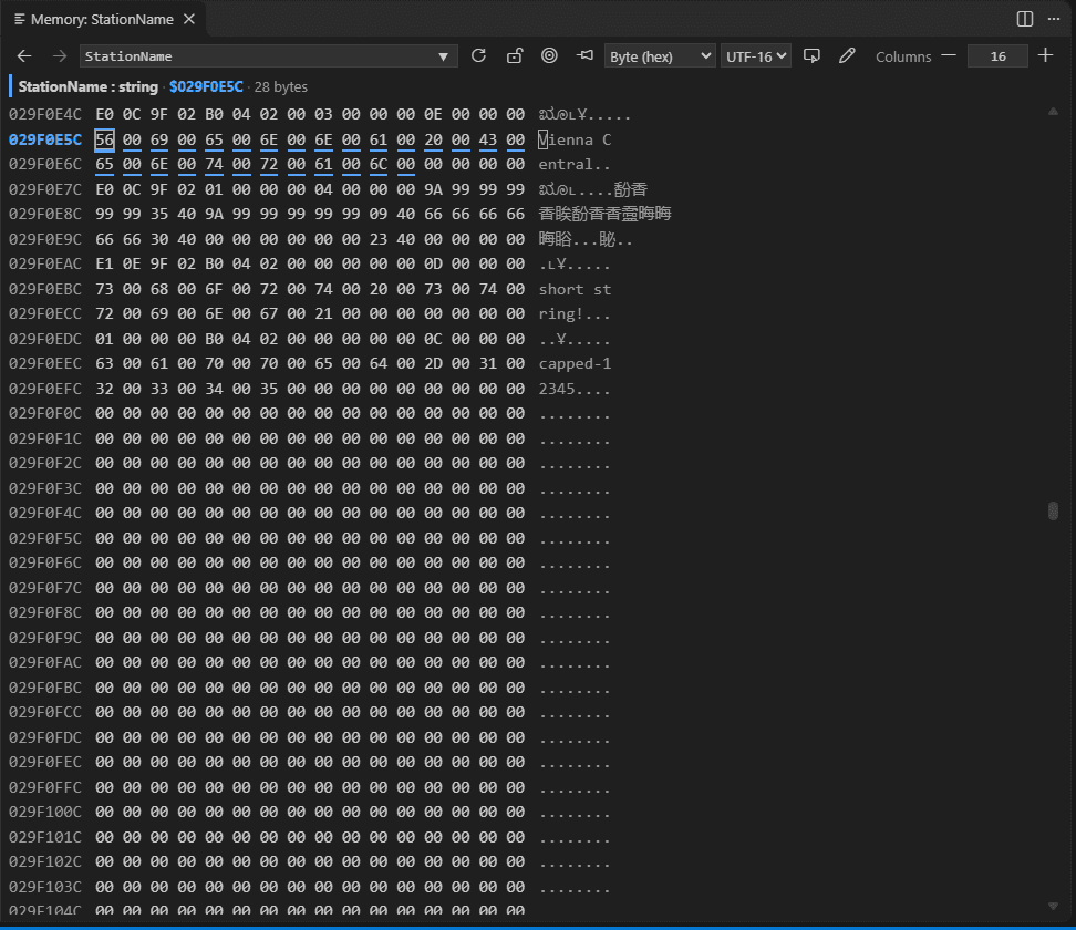 The memory view of StationName: string at $029F0E5C, 28 bytes, in Byte (hex) with a UTF-16 text column reading Vienna Central. The row above holds the string header B0 04 02 00 03 00 00 00 0E 00 00 00.
