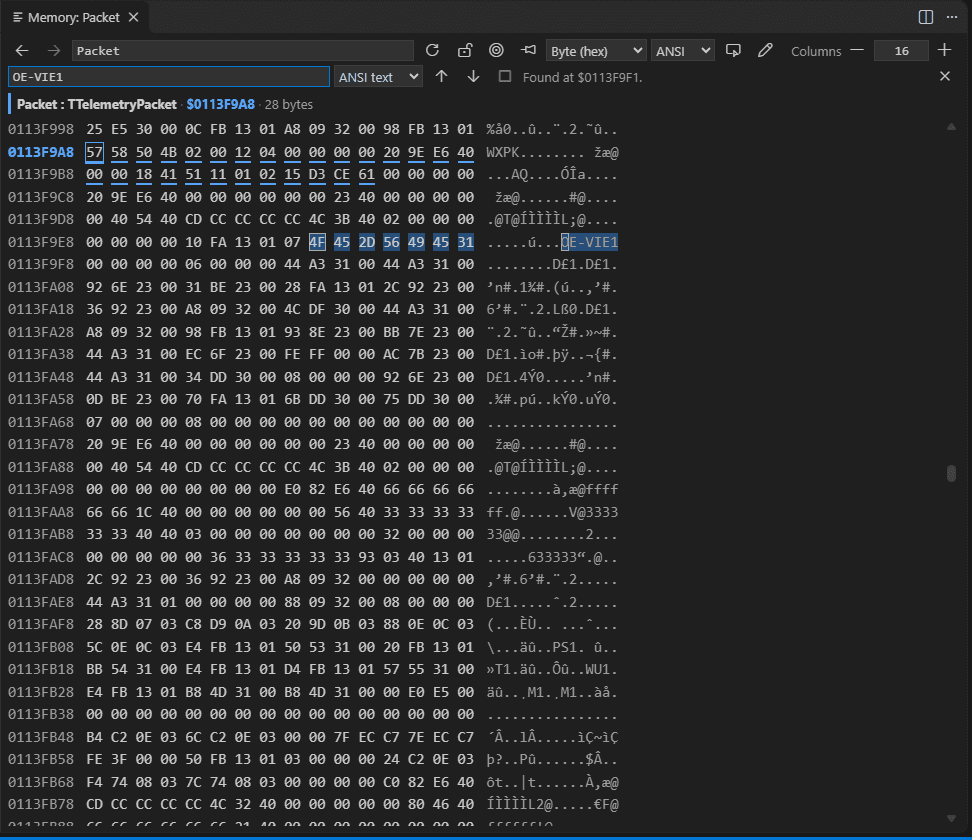 The search bar of the memory view with the pattern OE-VIE1 as ANSI text and the status Found at $0113F9F1; the seven matching bytes 4F 45 2D 56 49 45 31 are selected in the grid and in the text column.
