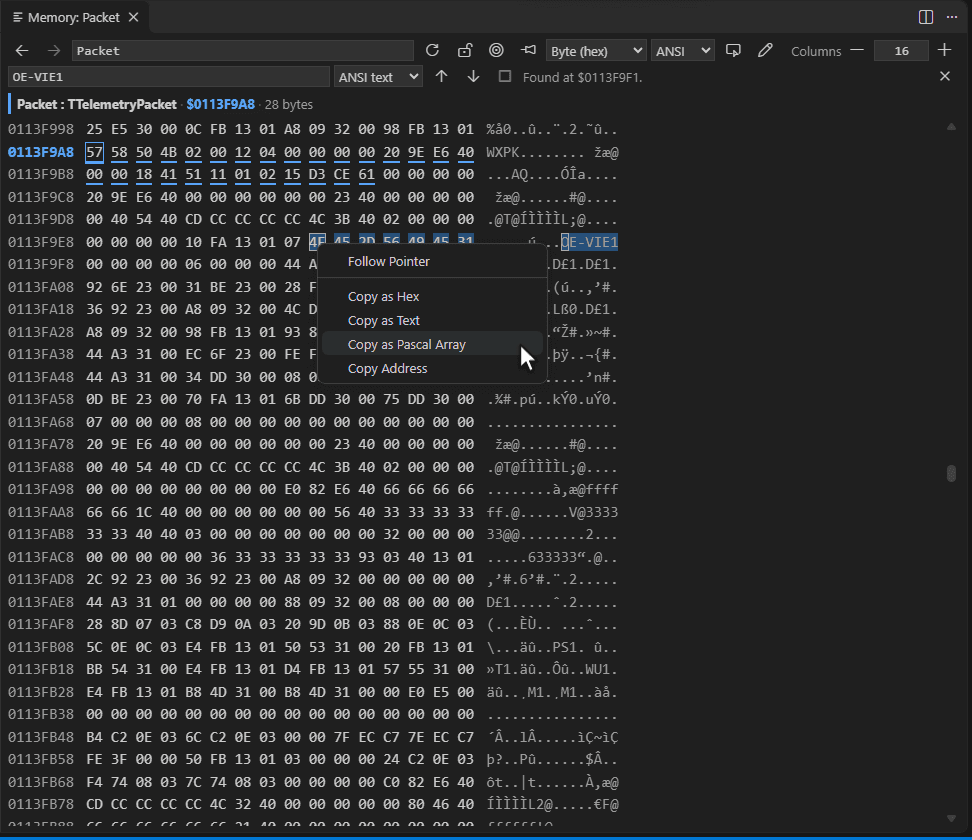 The context menu of the memory view on the selected bytes: Follow Pointer, Copy as Hex, Copy as Text, Copy as Pascal Array and Copy Address.