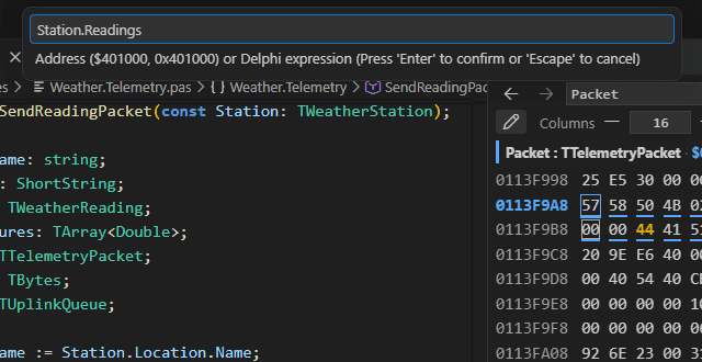 The input box of Vallenta Studio: Open Memory View… with the text Station.Readings and the prompt Address ($401000, 0x401000) or Delphi expression.