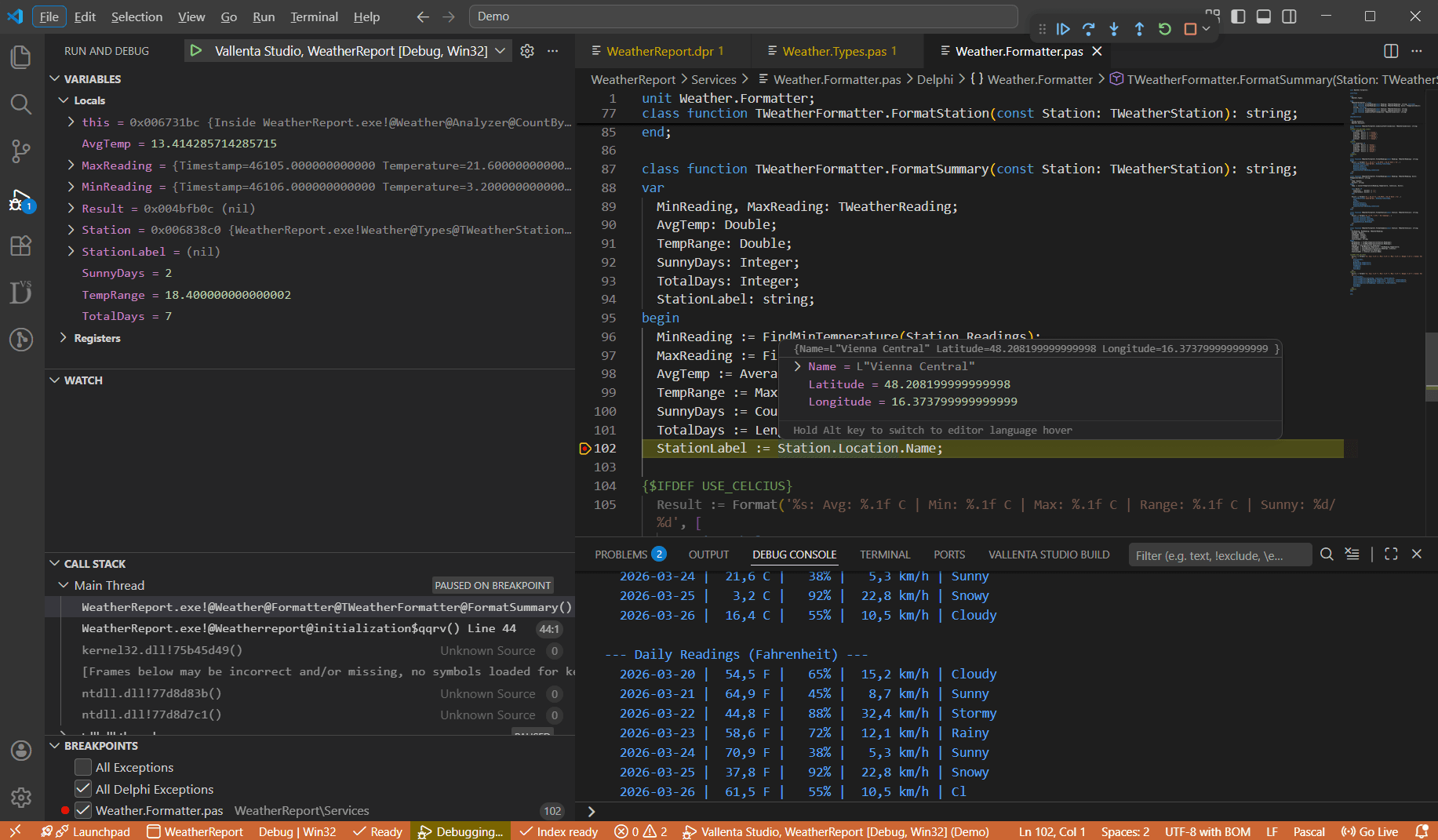 VS Code debugging pascal code: Variables panel with local variables and values, Watch expressions, Call Stack with thread frames, Breakpoints panel, active breakpoint highlighted in editor