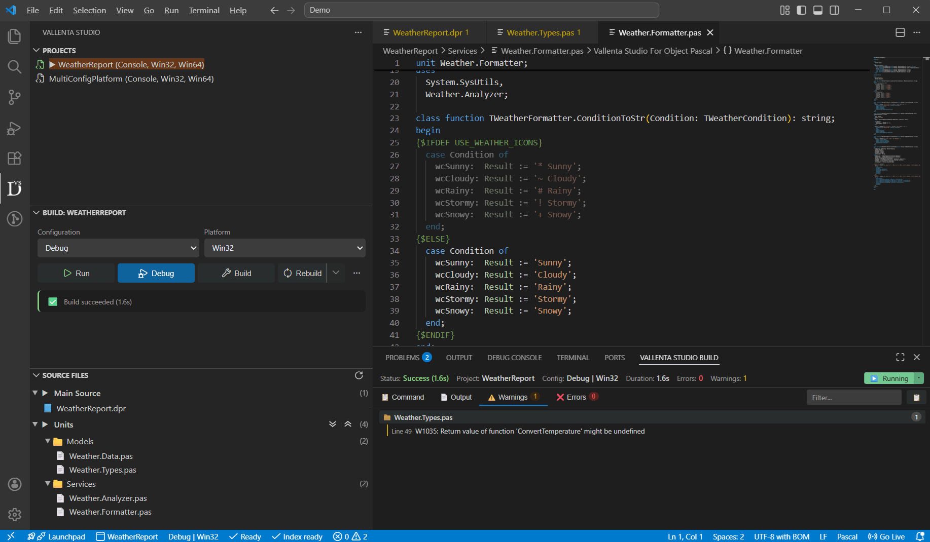 VS Code with Vallenta Studio: Project Explorer sidebar, code editor with Pascal syntax highlighting and code completion, build output showing successful build