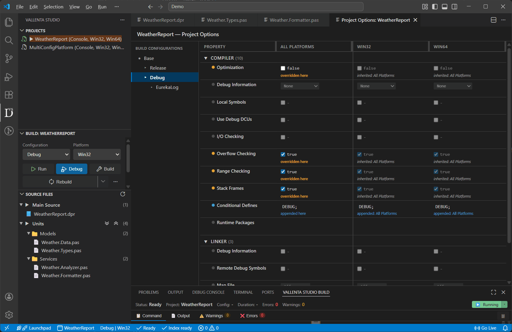 VS Code with Vallenta Studio Project Editor: configuration hierarchy on the left (Base, Release, Debug), property grid showing compiler options with raw and resolved values, multi-platform support across Win32, Win64, MacOS