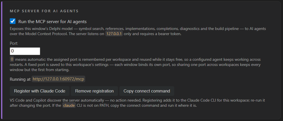 The MCP Server card on the Vallenta Studio settings page: the enable switch, the port field, the running URL on 127.0.0.1, and the buttons Register with Claude Code, Remove registration and Copy connect command.