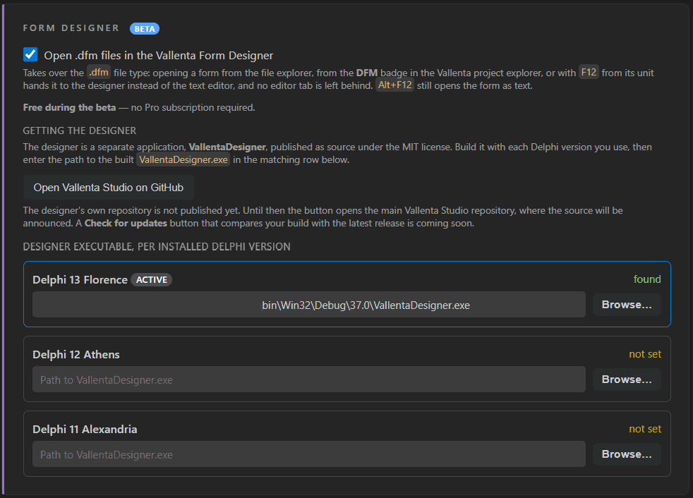 The Form Designer card on the Vallenta Studio settings page: the switch Open .dfm files in the Vallenta Form Designer, the note Free during the beta, a button Open Vallenta Studio on GitHub, and one row per installed Delphi version with the path to VallentaDesigner.exe; the Delphi 13 row is marked active and found.