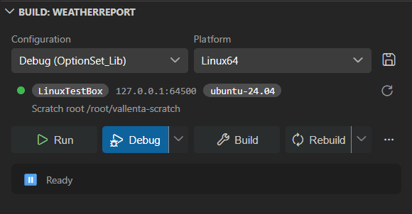 Vallenta Studio build panel with Configuration Debug and Platform Linux64 selected, the paired target LinuxTestBox shown reachable with its scratch root, and Run, Debug, Build and Rebuild buttons.