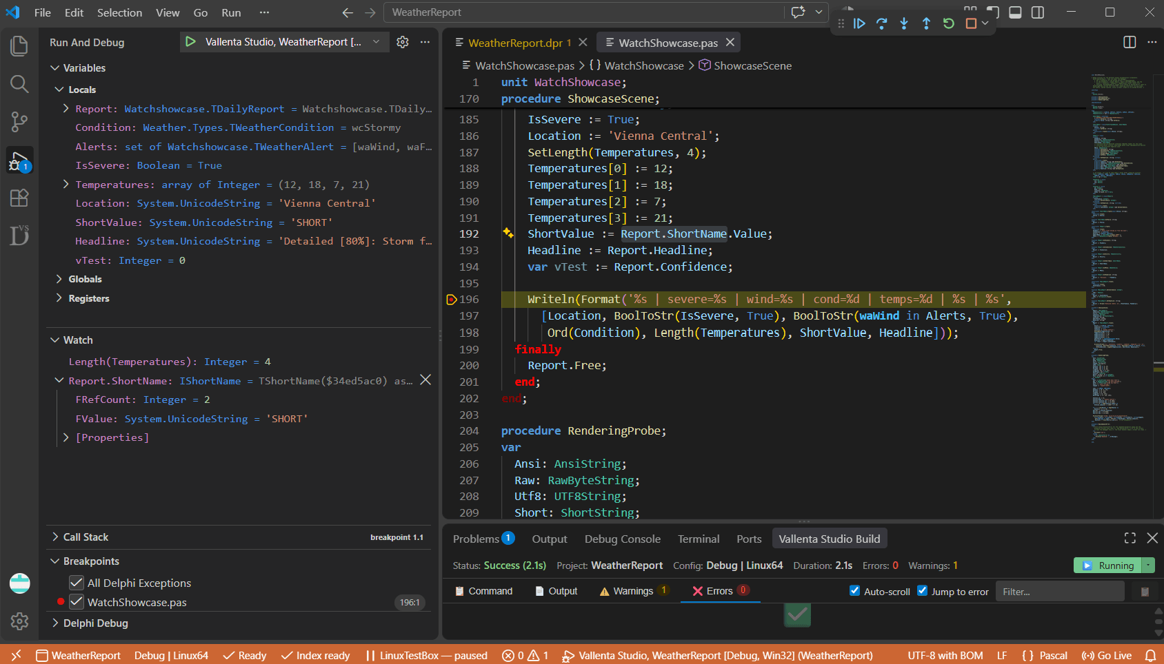 VS Code debugging a Delphi Linux64 program with Vallenta Studio: Locals showing Delphi strings, a set, a dynamic array and an object; a Watch expression resolving an interface reference to its implementing class; the build panel reporting Debug | Linux64 and the status bar showing the paired Linux target paused at a breakpoint.