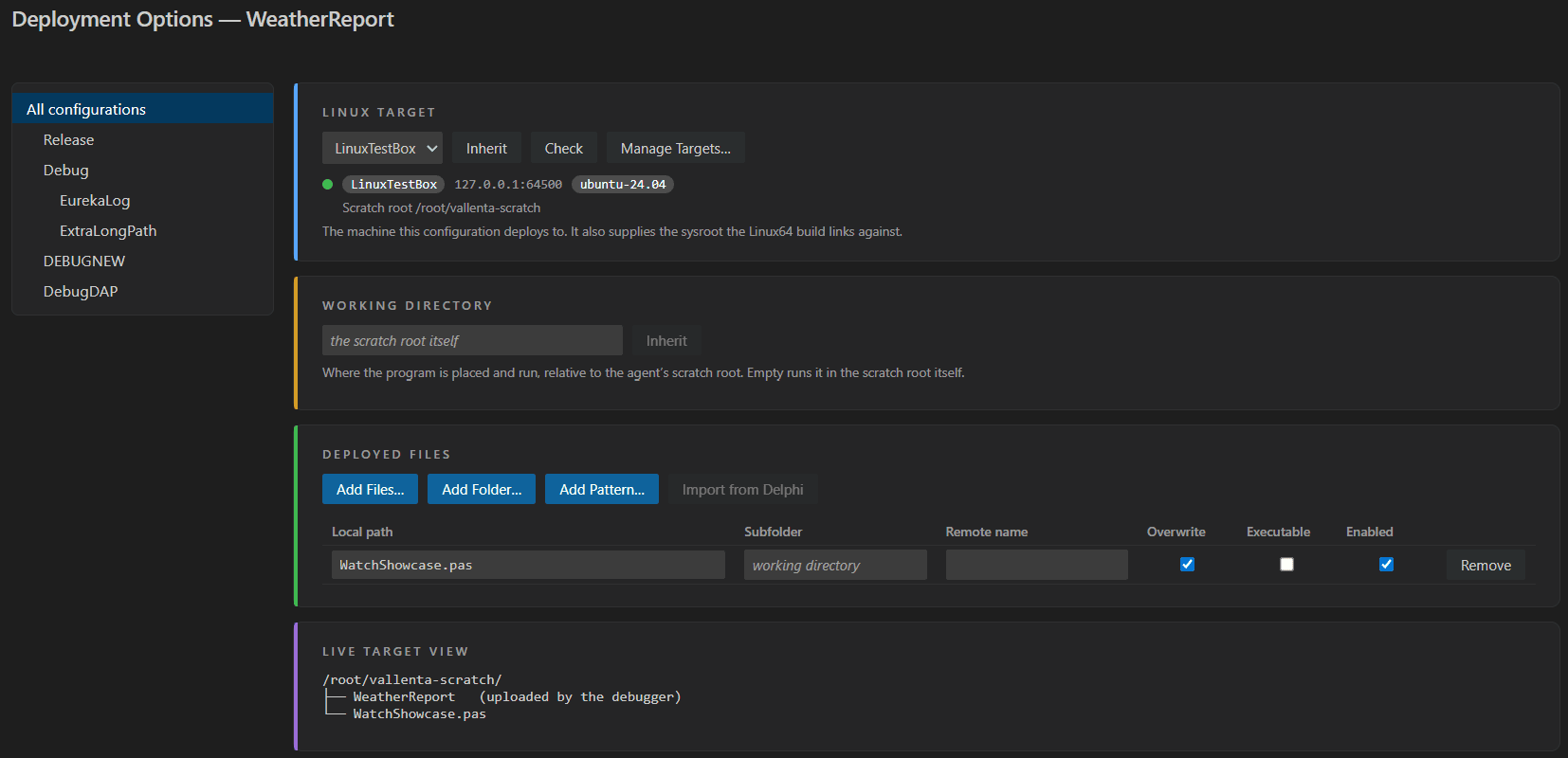 Vallenta Studio Deployment Options editor: configuration list on the left; on the right the Linux target with its status, the working directory, a deployed files table with subfolder, remote name, overwrite, executable and enabled columns, and a Live Target View tree of the scratch root.