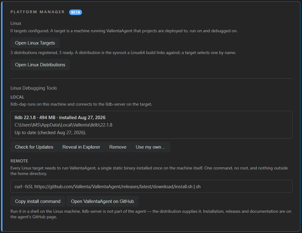 Vallenta Studio Platform Manager card: Linux targets and distributions summary, the local lldb-dap engine with its version, size and install date, and the VallentaAgent install command with Copy and GitHub buttons.