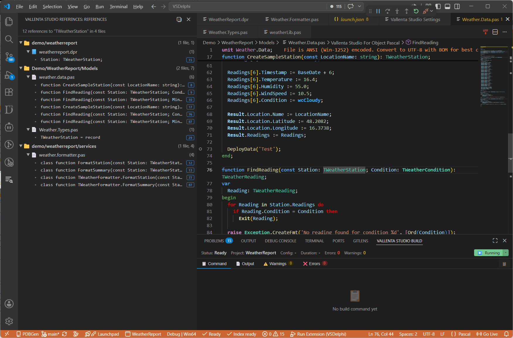 Vallenta Studio Find All References results in VS Code: matches grouped by directory and source file, each with a code-line preview and a right-aligned line-number pill, and file and match counts on each group.